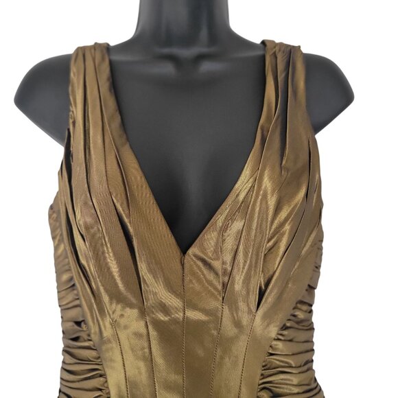 Tadashi Collection Metallic Olive Green Gold Taffeta Silk Fit & Flare US 6 - Picture 7 of 12